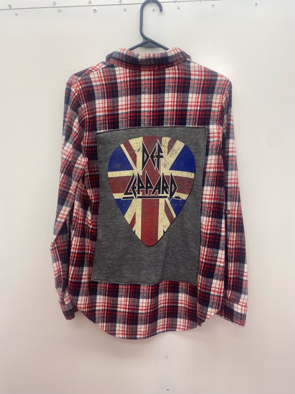 Upcycled Def Leppard patch Red, White & Navy Plaid Flannel Shirt